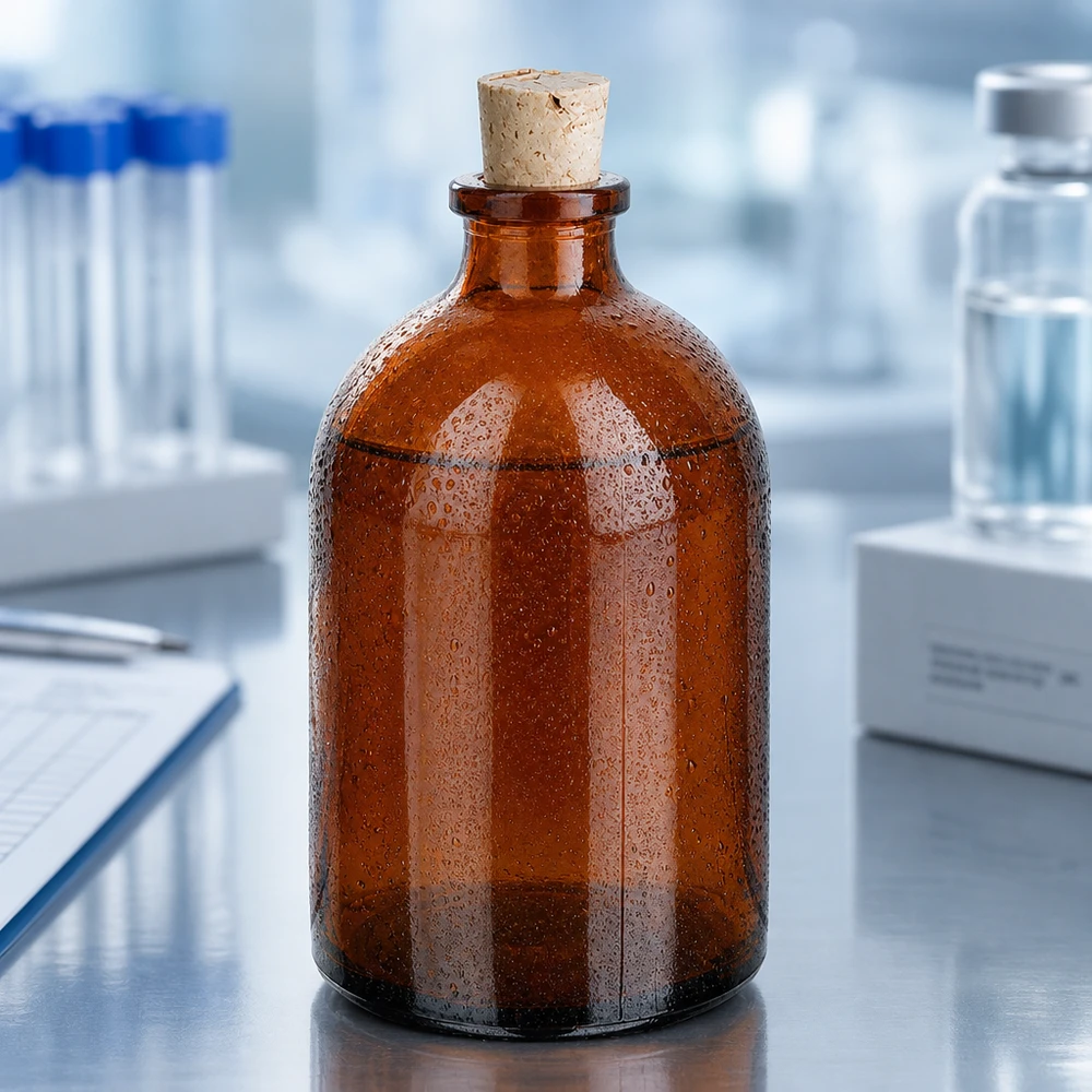 Jantarová skleněná láhev 100ml se zátkou 11/14mm Robuste Reagenzflasche 100ml aus braunem Borosilikatglas mit traditionellem Korkstopfen