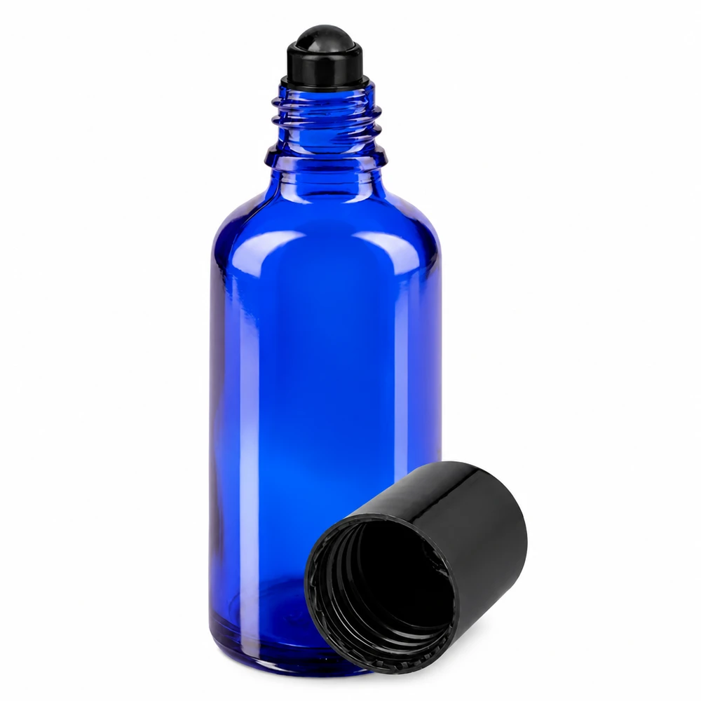 50ml Roll-On Fläschchen aus blauem Glas mit schwarzem Rollkopf ideal für Parfum und Öle