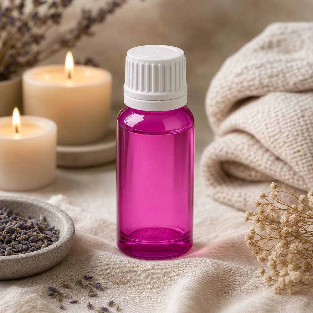 20ml láhev se šroubovacím uzávěrem 11 mm bílá Originality šroubovací uzávěr PurpleLine UT18/20 Stilvolle 20ml Violettglas-Flasche mit matter Optik und weißem Verschluss für Wellness-Öle