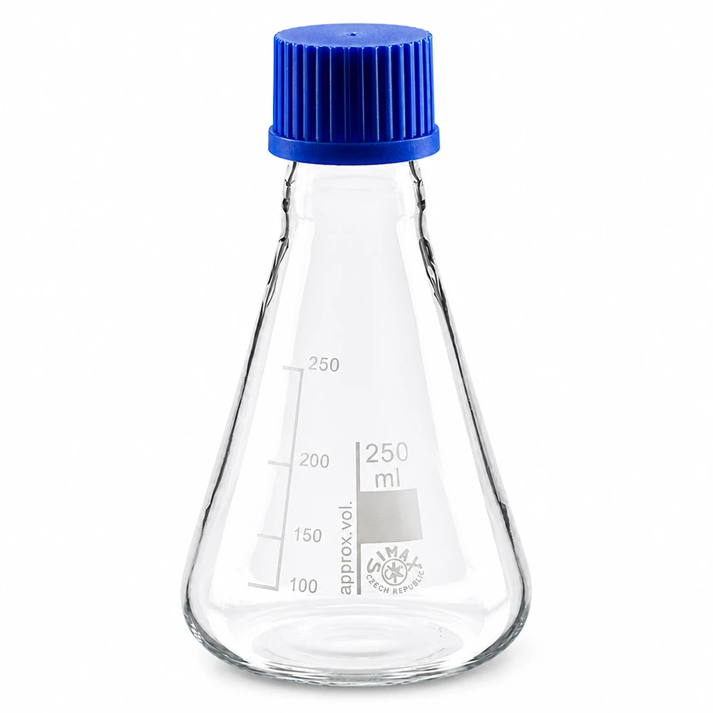 Erlenmeyerova baňka 250ml se šroubovacím uzávěrem Erlenmeyerkolben Weithals 250ml mit Milliliter-Markierung für exakte Dosierung im Labor