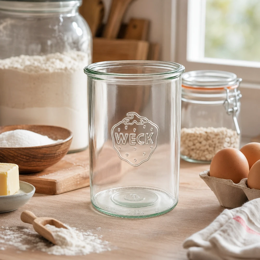 1000ml tumblery WECK RR100 s dřevěným dřevem - 1000ml tumblery WECK RR100 s dřevěným dřevem 1000ml WECK Sturzglas RR100 Einmachglas aus Glas mit Logo in rustikaler Küche mit Backzutaten und Eiern