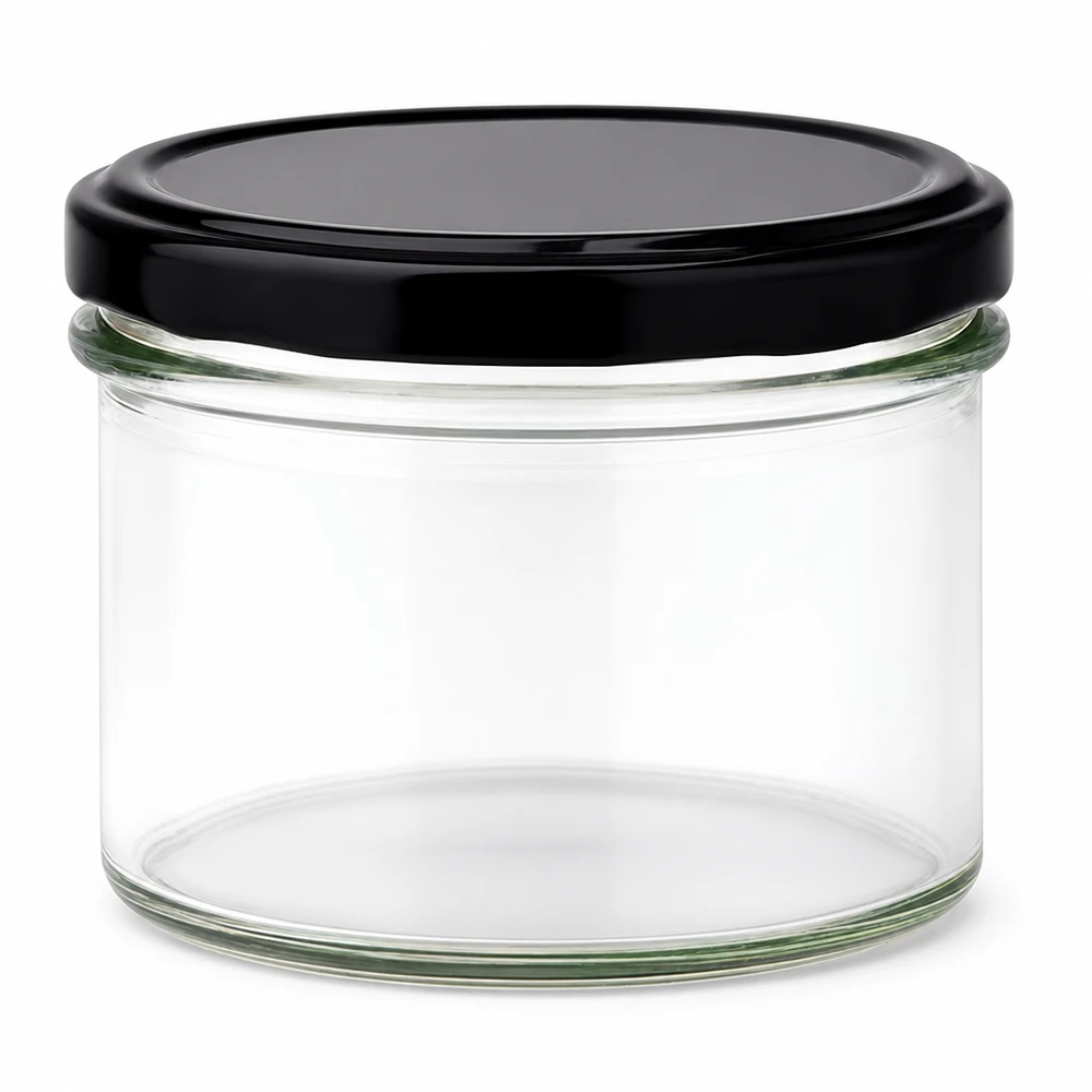 225ml kelímky s víčkem BasicSeal černé UNiTWIST 225ml Sturzglas mit schwarzem BasicSeal Deckel - leeres Einmachglas aus klarem Glas für Konserven und Marmelade