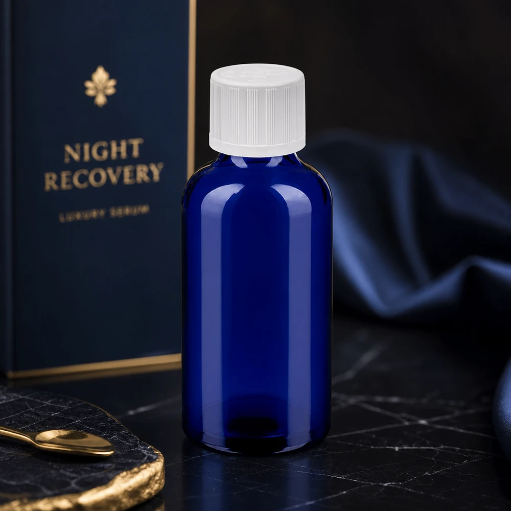 50ml láhev 11mm šroubovací uzávěr bílý standardní odolný proti otevření dětmi BlueLine UT18/50 Medizinische 50ml Glasflasche mit kindersicherem Verschluss für Apotheken und Labore