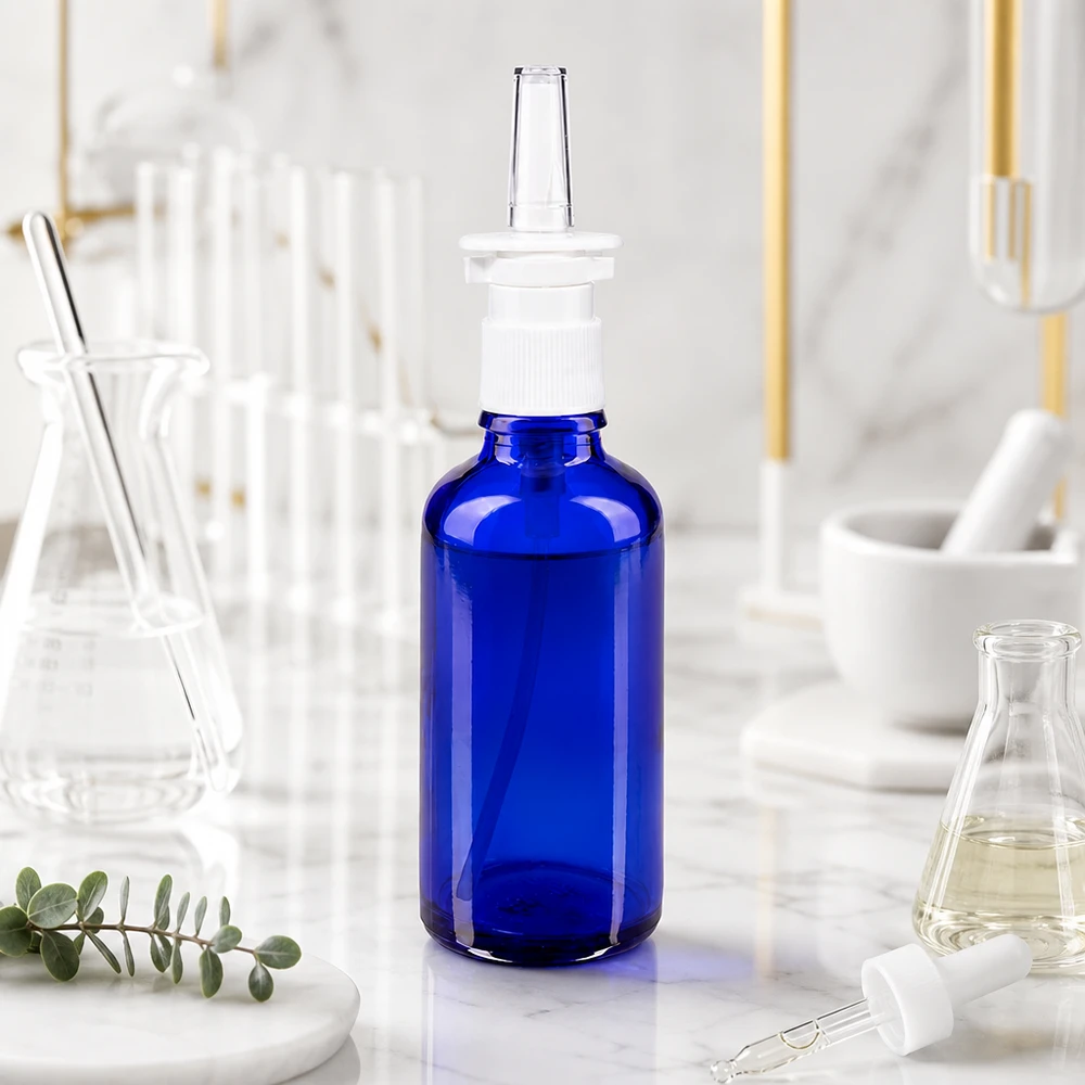 Kleine blaue Medizinflasche 50ml mit Nasenspray-Aufsatz weiß transparent für pharmazeutische Anwendung