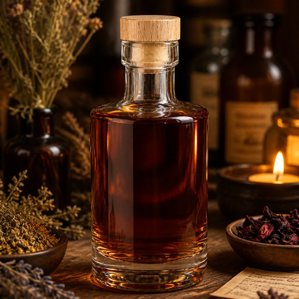 200ml Glasflasche Marie mit bernsteinfarbener Flüssigkeit, Korken-Holzverschluss, rustikale Deko mit Kerze und Kräutern