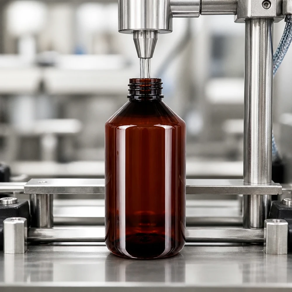 PET láhev 750ml se zeleným uzávěrem prokazatelným proti manipulaci. Plnicí linka plní hnědé PET láhve o objemu 750 ml se šroubovacím uzávěrem v rámci farmaceutické výroby
