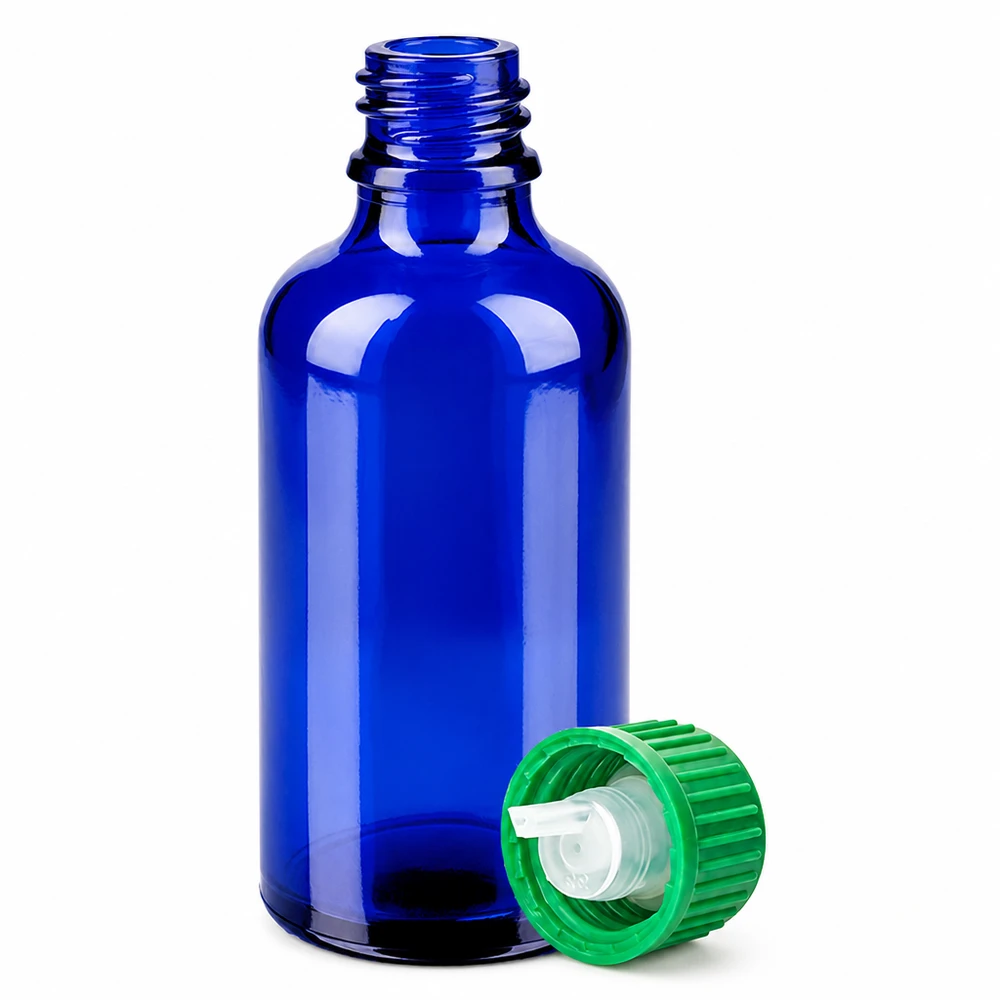 50ml lahvička s kapátkem 0,8 mm zelená standardní uzávěr BlueLine UT18/50 Professionelle 50ml Tropfflasche BlueLine Serie mit UV-Schutz durch blaues Glas