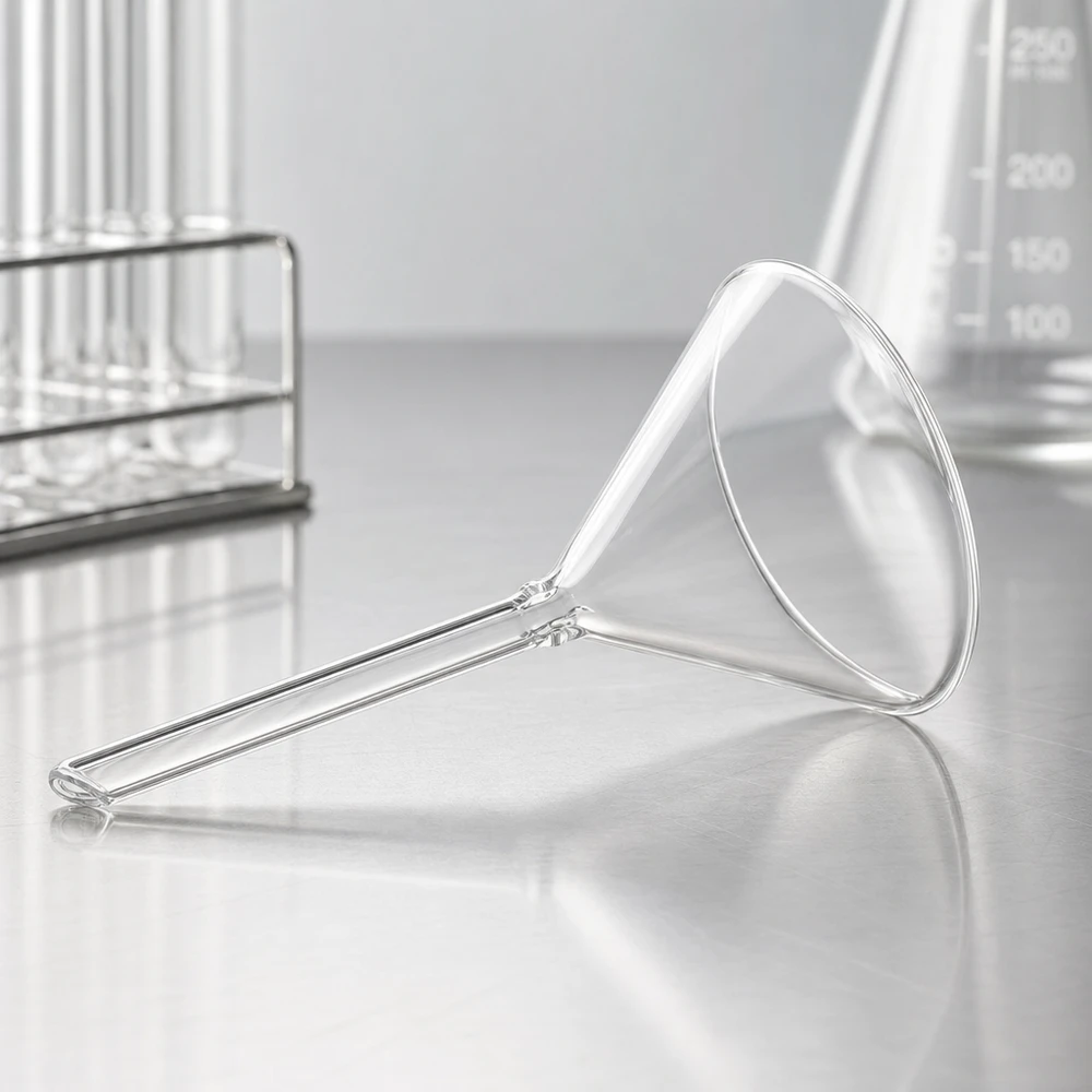 Nálevka ø 70 mm sodnovápenatá, úhel 60°, krátká. Professioneller Kurzstiel-Trichter 70mm Öffnung aus transparentem Kalk-Soda-Glas für Analytik