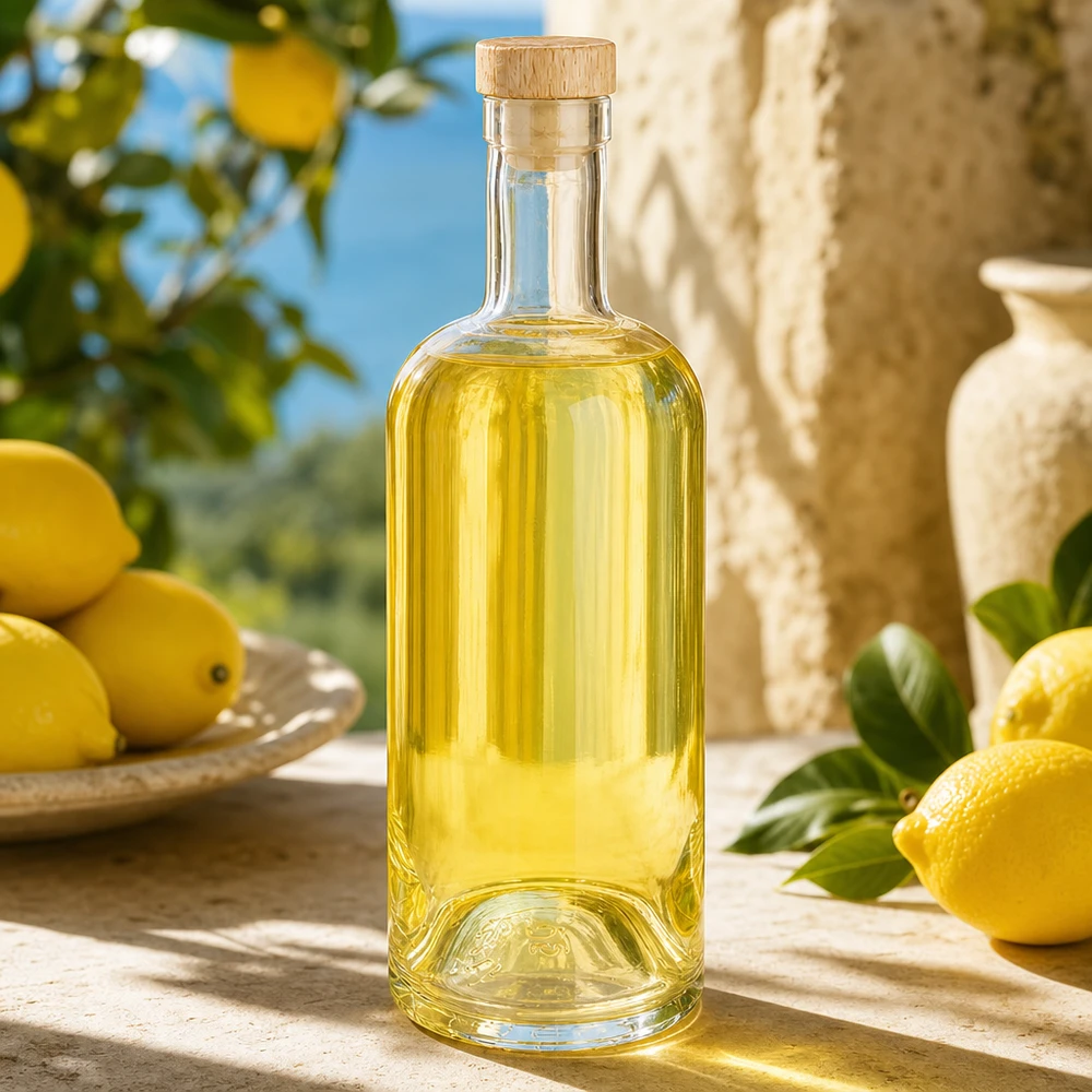 750ml Glasflasche Emma mit Holzkorken gefüllt mit gelblicher Flüssigkeit in mediterraner Zitronenumgebung
