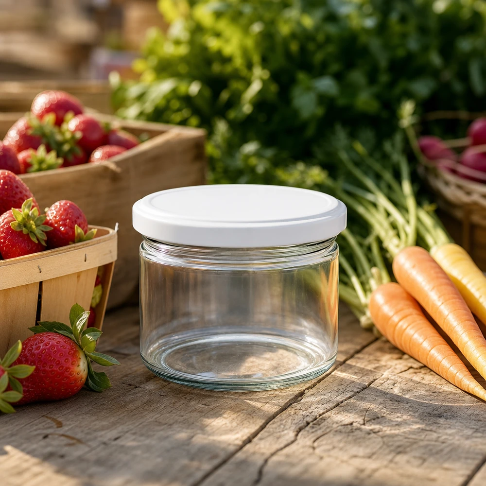 540ml kulatá sklenice s víčkem BasicSeal bílá UNiTWIST 540ml Rundglas BasicSeal weiß auf Holztisch mit frischem Gemüse - ideales Vorratsglas für Markt und Outdoor
