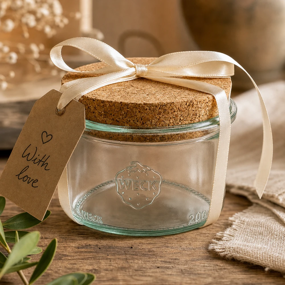Tumbler o objemu 200 ml WECK RR80 s korkem přírodní WECK Sturzglas 200ml RR80 dekorativ verpackt mit Schleifenband und Geschenkanhänger With Love als Geschenkidee