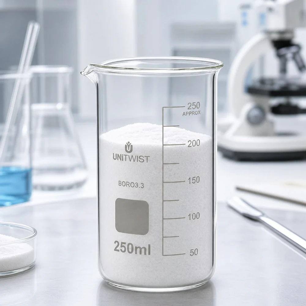 Kádinka 250ml borosilikátová, vysoká forma UNiTWIST Becherglas hohe Form 250ml Borosilikat BORO3.3 neben Pinzette und Petrischale im Labor