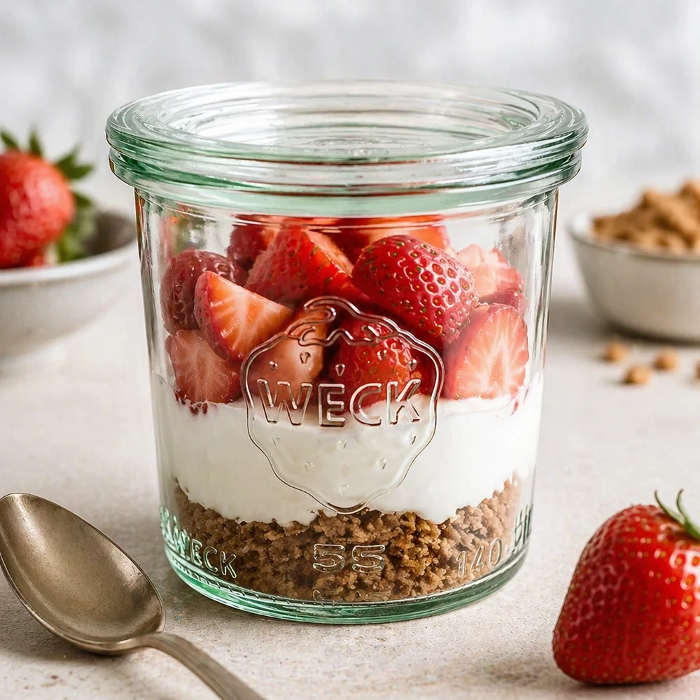 140ml zavařovací sklenice se skleněným víčkem WECK RR60 WECK Sturzglas 140ml RR60 mit Joghurt Müsli Erdbeeren gefüllt als Dessertglas auf weißer Marmorplatte Frühstück
