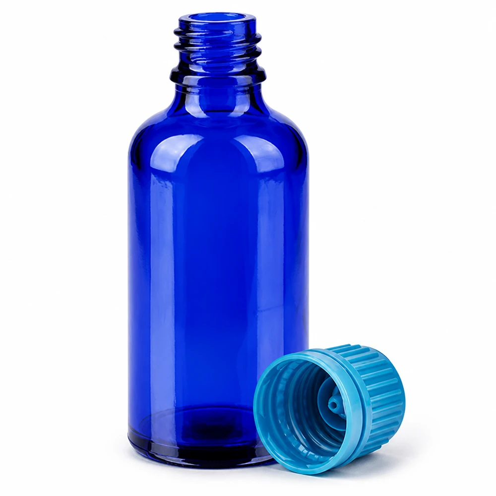 50ml láhev 11mm šroubovací uzávěr modrý uzávěr s ochranou proti manipulaci BlueLine UT18/50 50ml Präzisionsflasche aus blauem Glas mit 11mm Öffnung für exakte Dosierung