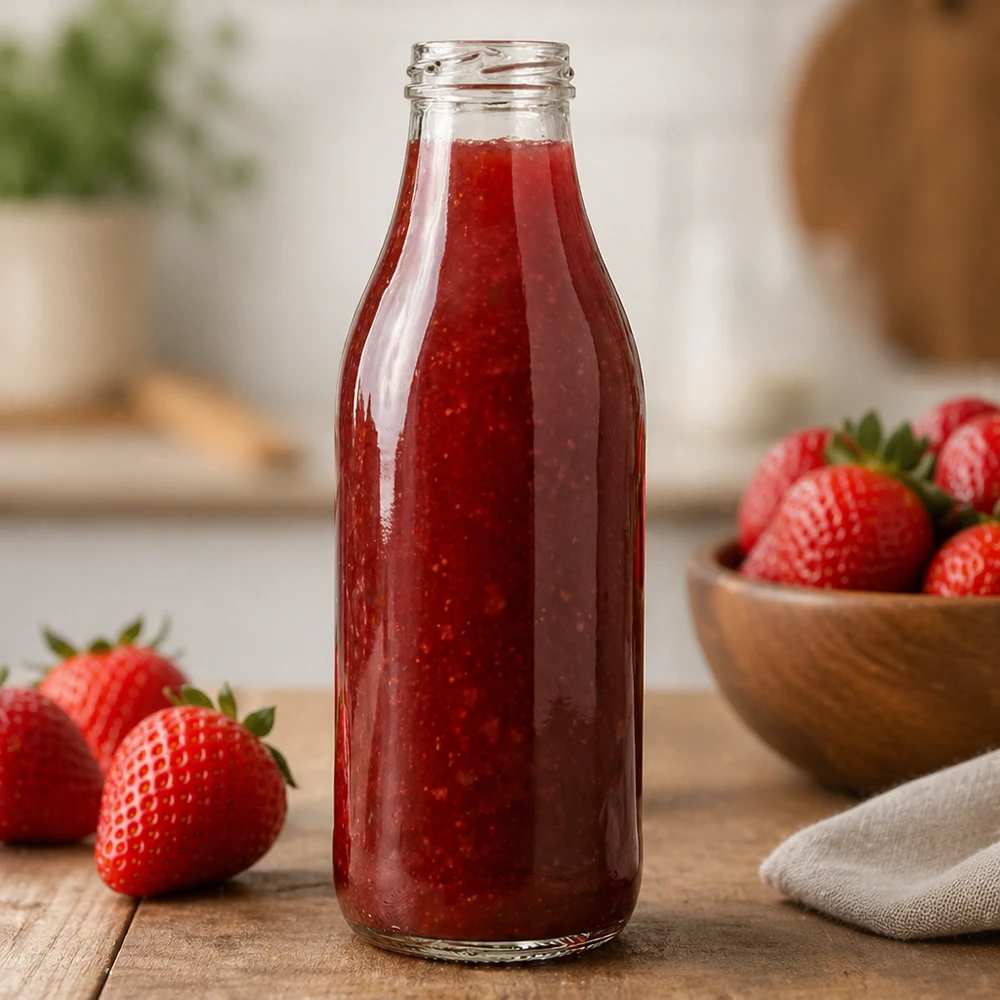 Skleněná láhev o objemu 1000 ml bez víčka (TO48) UNiTWIST 1000ml Glasflasche TO48 UNiTWIST mit Erdbeersaft gefüllt in Küche Anwendungsbeispiel rote Smoothie Flasche