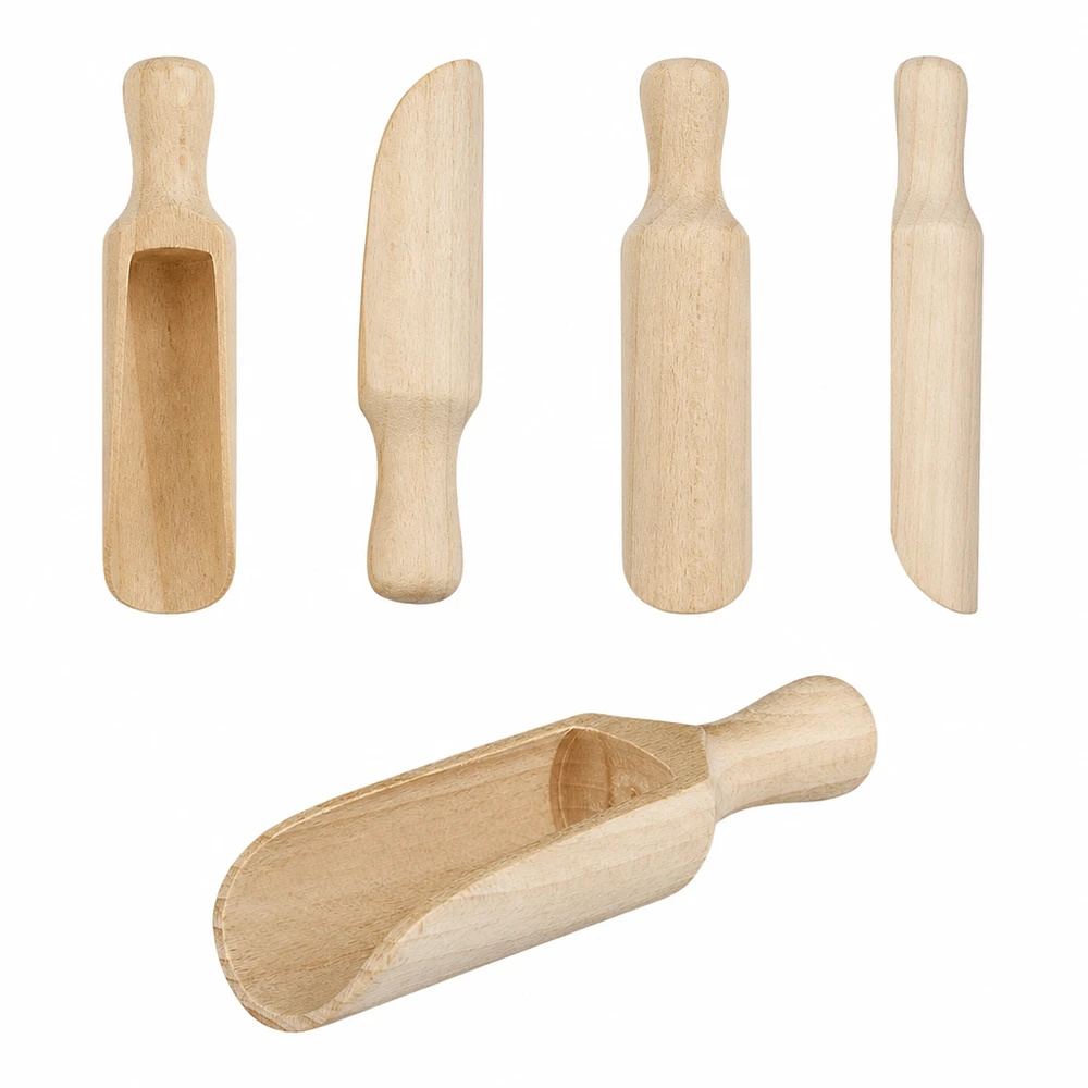 Dřevěná lopatka velikosti M půlkulatý tvar - délka 140 mm - zde. Holzschaufel Set verschiedene Größen und Formen aus Naturholz mit halbrunder 14cm Schaufel im Vergleich