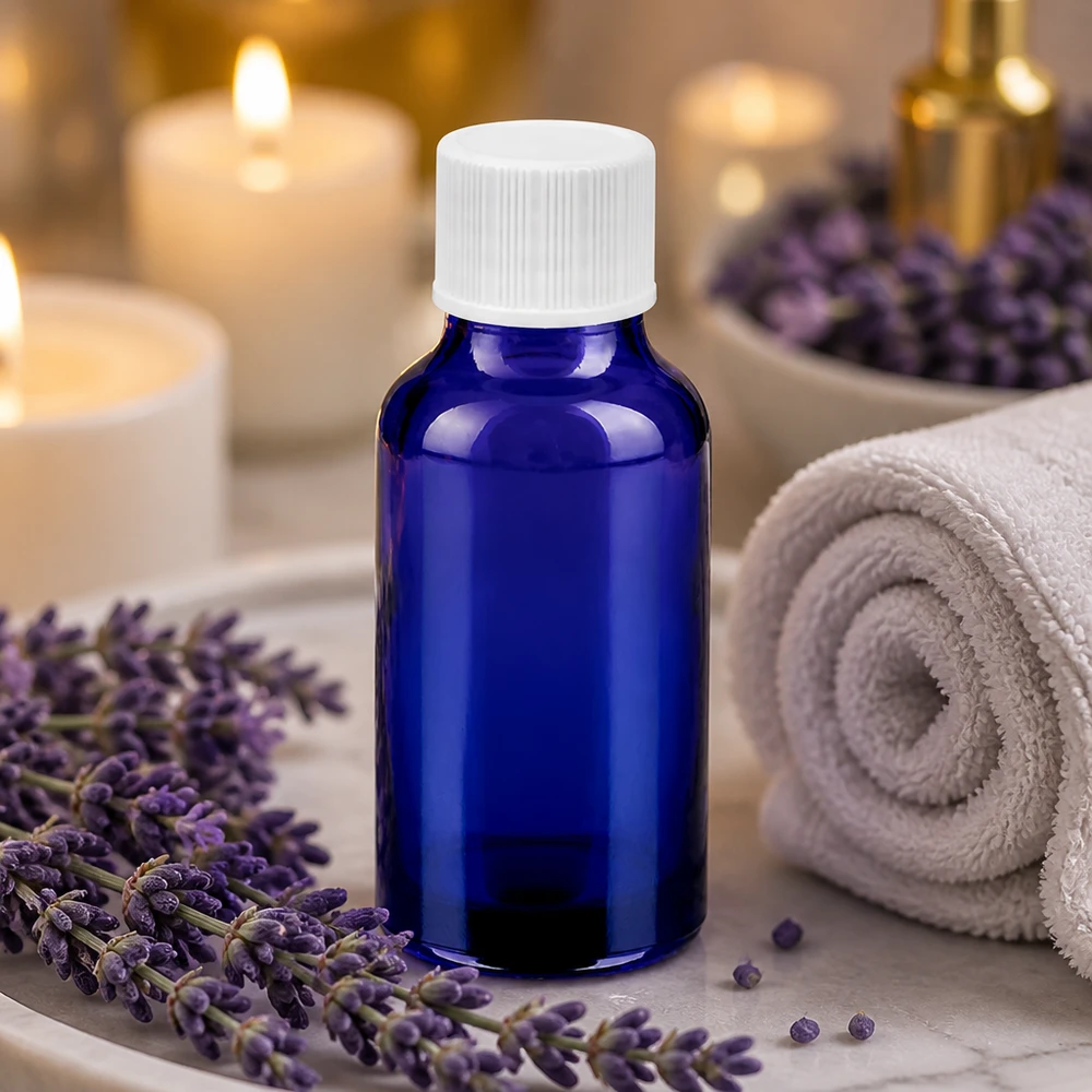 20ml láhev 11mm šroubovací uzávěr bílý standard BlueLine UT18/20 Premium blaue Glasflasche 20ml mit weißem Gewinde ideal für Spa und Beauty Anwendungen
