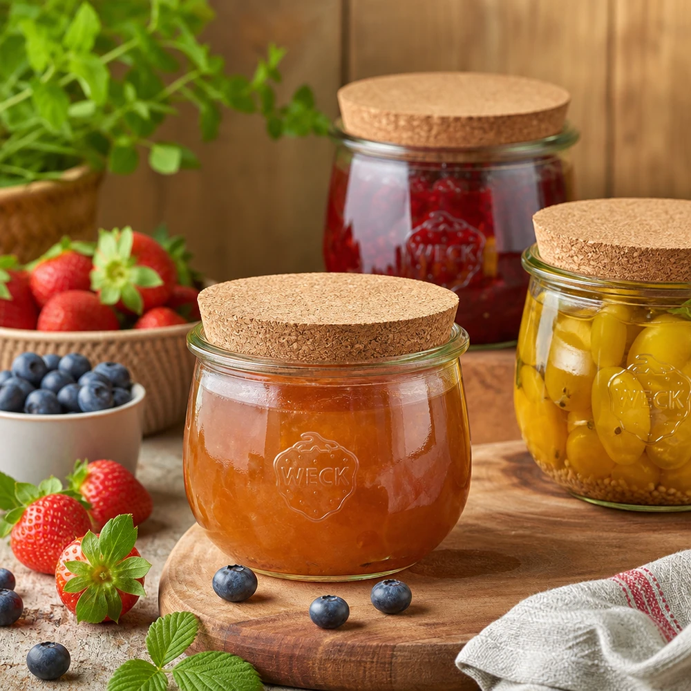 580ml tulipánová sklenice WECK RR100 s korkem přírodní WECK Tulpengläser mit Korkdeckel gefüllt mit Marmelade und eingelegtem Gemüse neben frischen Beeren