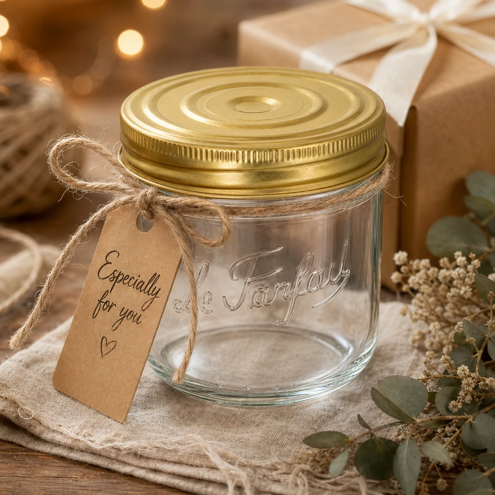 415ml Sturzglas "Familia Wiss" 2-teiliges Deckelsystem Le Pa Sturzglas 415ml Familia Wiss mit goldenem Deckel und Geschenkanhänger auf rustikalem Holztisch dekoriert