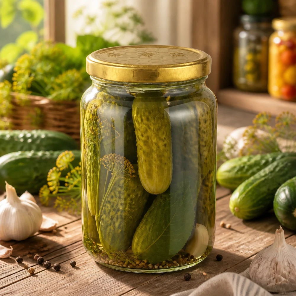 Einmachglas 795ml mit goldenen Deckel gefüllt mit eingelegten Gurken und Dill auf Holztisch