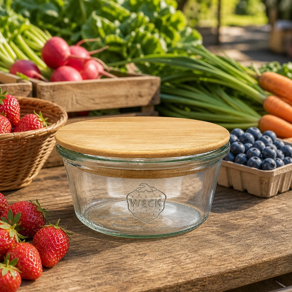 290ml nízké tumblerky WECK RR100 s dřevěným víčkem WECK Sturzglas 290ml RR100 mit Bambus-Holzdeckel zwischen frischem Obst und Gemüse auf rustikalem Holztisch arrangiert