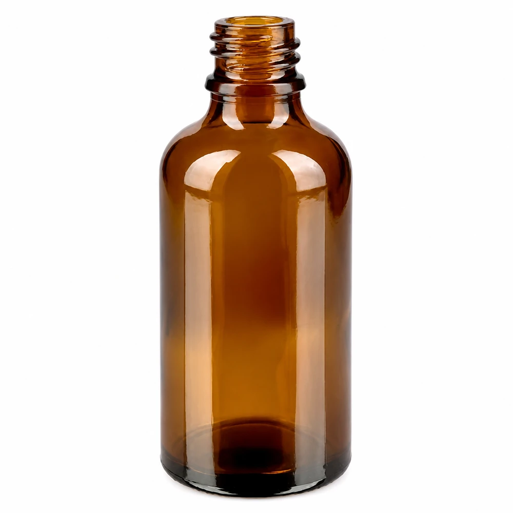 50ml láhev 11mm šroubovací uzávěr bílý tamper evidentní uzávěr BrownLine UT18/50 Lichtgeschützte 50ml Glasflasche braun mit weissem Schraubdeckel für Naturkosmetik