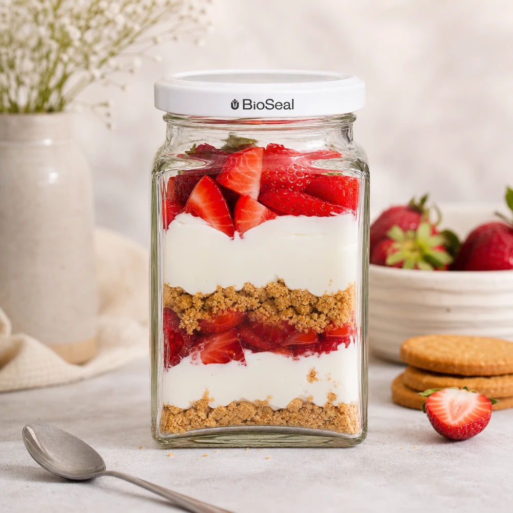 260ml tetra sklenice + víčko BioSeal bílé UNiTWIST UNiTWIST Tetra260 Dessertglas mit Erdbeeren Joghurt Kekskrümeln geschichtet weißer TO58 BioSeal Deckel Nachtisch