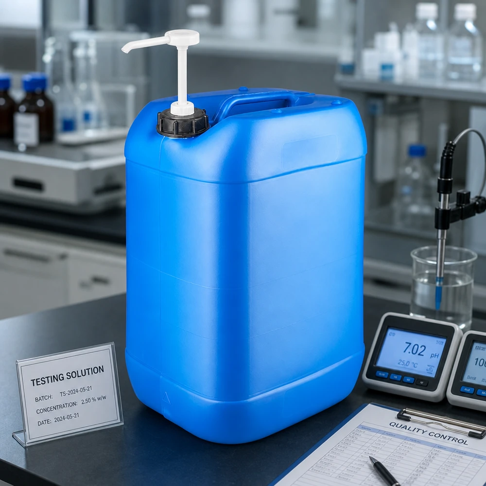 Blauer Vorratsbehälter 25 Liter mit Dosierpumpe und pH-Meter im professionellen Analyselabor
