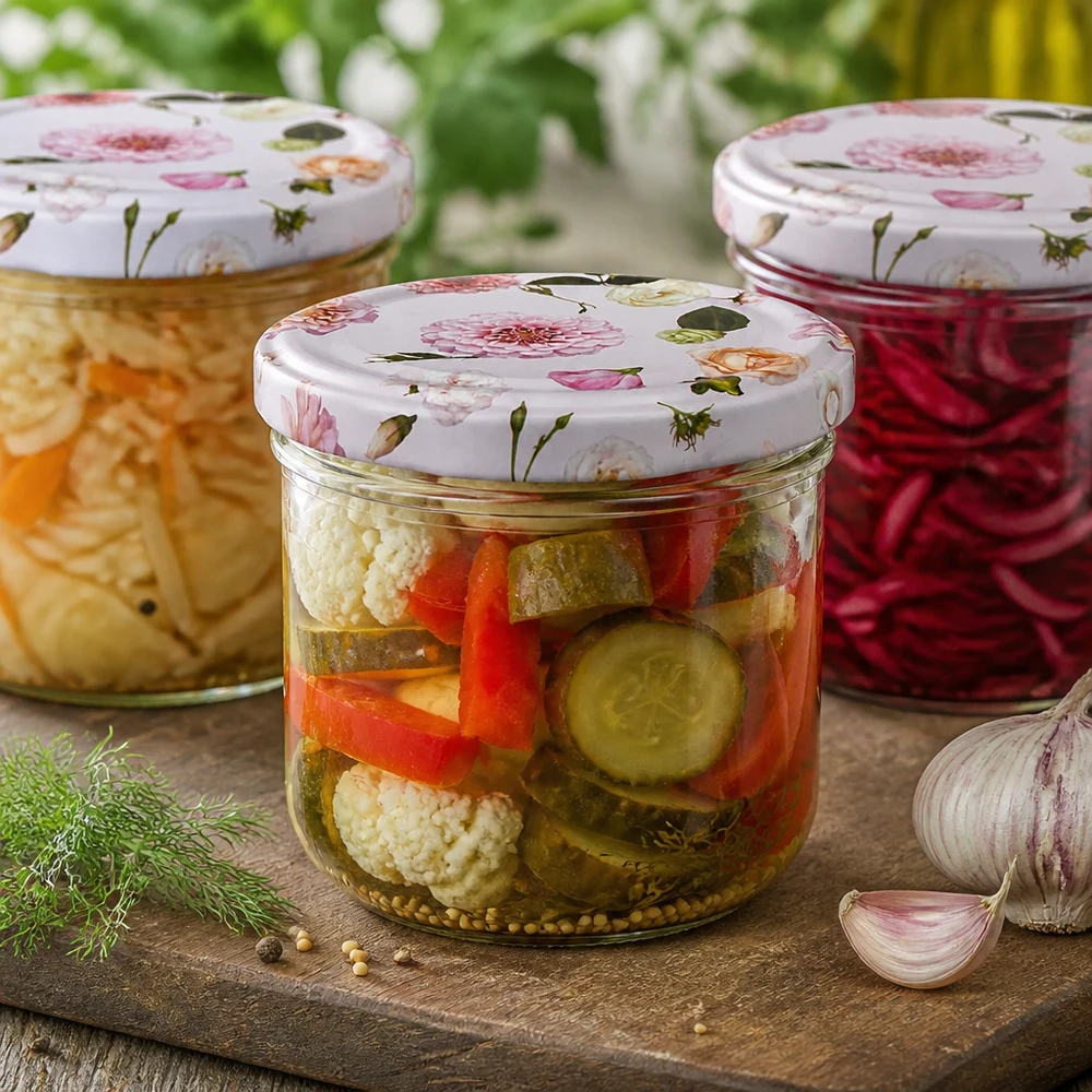 Eingelegtes Gemüse in 260ml Sturzglas mit rosa Blumendeckel - Einmachglas für saure Konserven und eingelegte Speisen