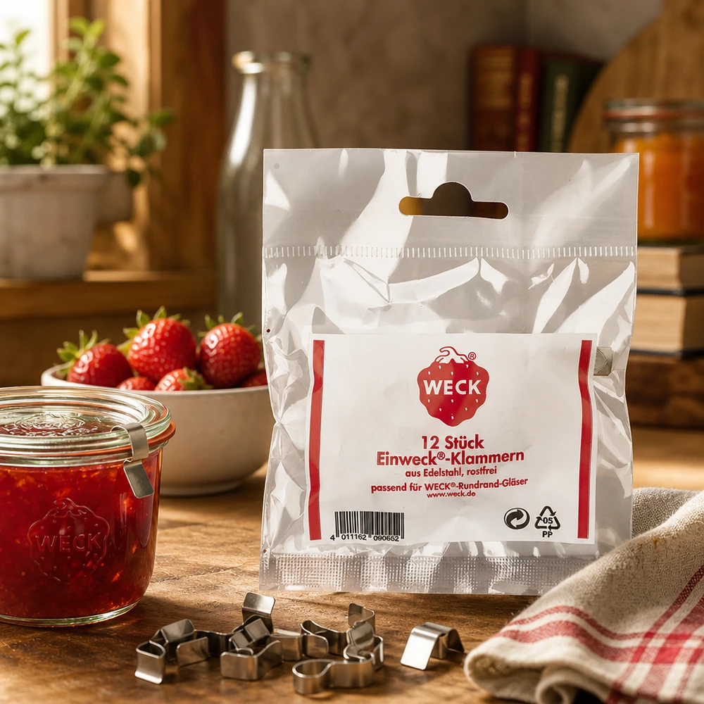 WECK Original Klammern Set 12 Stück auf Holztisch mit Einmachglas Erdbeeren Marmelade Küchen Lifestyle Szene