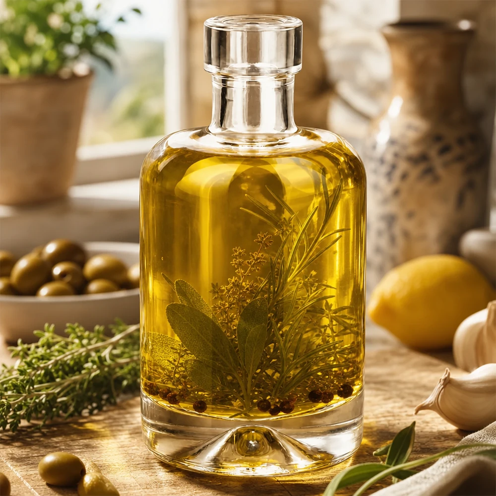 50ml Glasflasche "Attila" ohne Verschluss UNiTWIST® Glasflasche Amelie 50ml mit Kräuteröl befüllt zeigt Anwendung für Gewürzöle und Essige in Küche