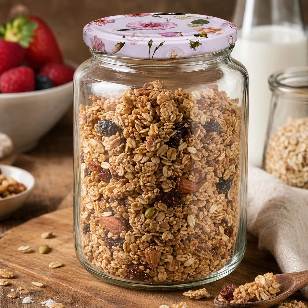 795ml kulatá sklenice + víčko BasicSeal flower pink UNiTWIST 795ml Rundglas mit Müsli Nüssen Trockenfrüchten BasicSeal Deckel rosa Blumen Frühstück Vorratsbehälter Küche