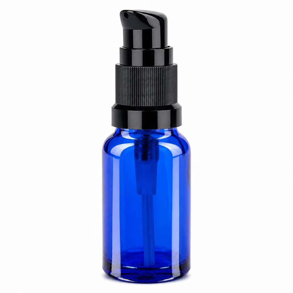 10ml lahvička s pumpičkou černá standardní uzávěr BlueLine UT18/10 Elegante 10ml Pumpflasche blau-schwarz BlueLine UT18/10 mit robustem Glasmaterial