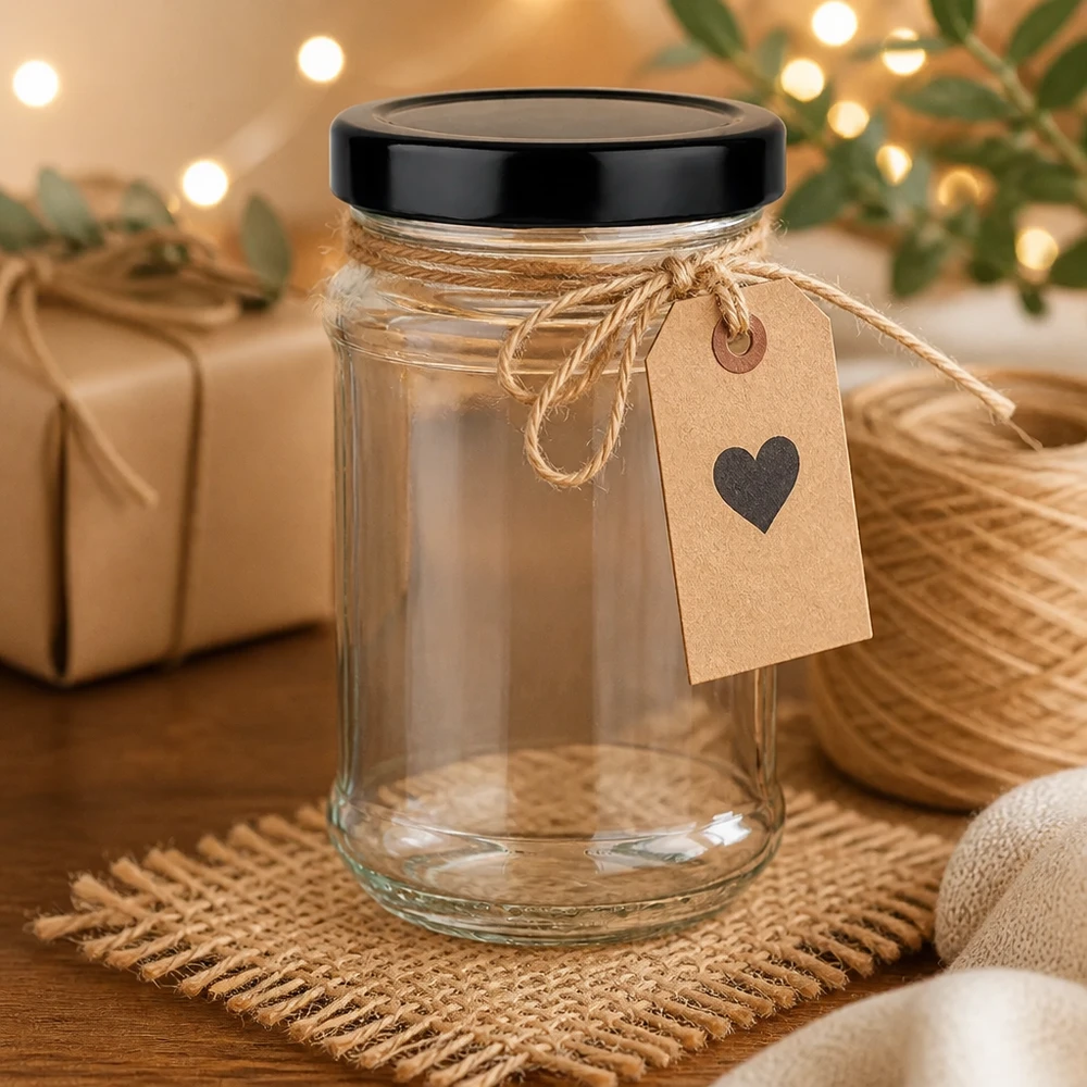 390ml kulatá sklenice + víčko BasicSeal černé hluboké UT 390ml Rundglas mit schwarzem UNiTWIST Deckel als Geschenkidee mit Herzanhänger in gemütlicher Weihnachtsdeko