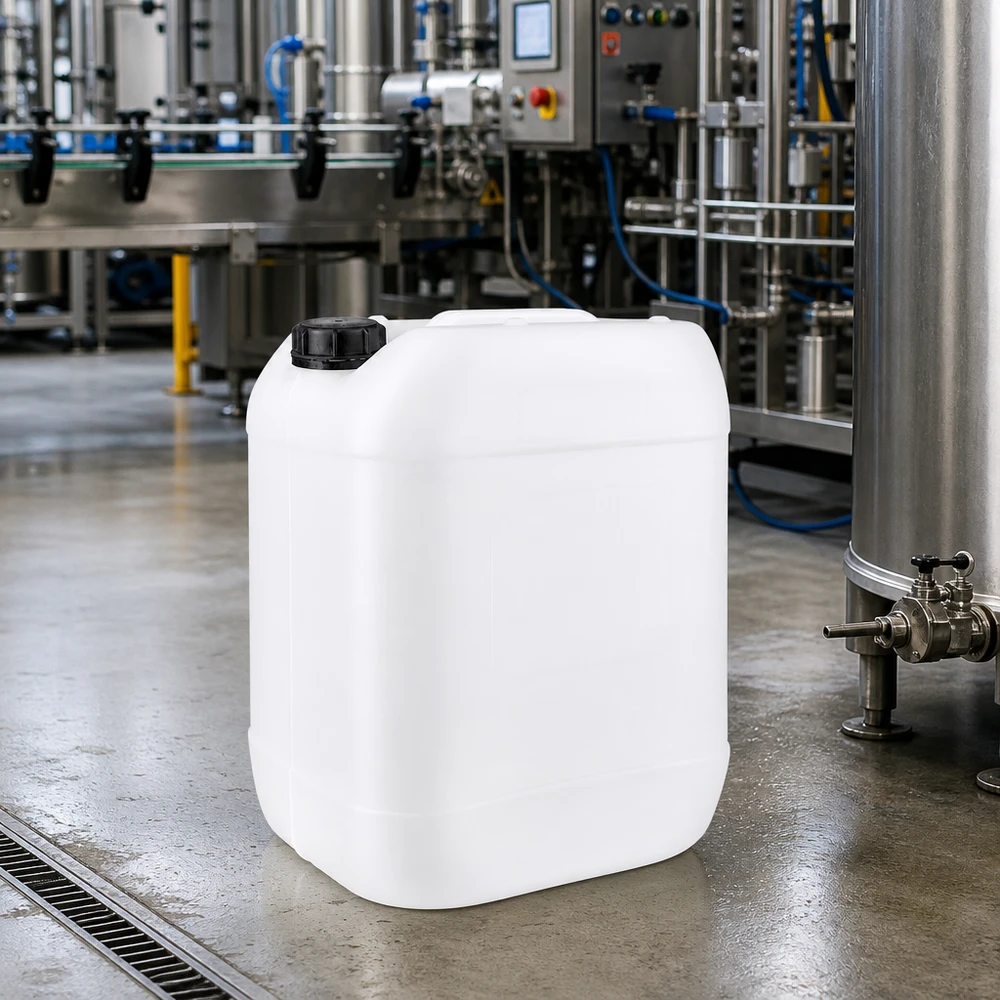 Kanystr o objemu 20 litrů se šroubovacím uzávěrem, který lze uzavřít proti neoprávněné manipulaci. Hygienischer Kanister 20L mit Originalitätsverschluss für Lebensmittel und Reinigungsmittel