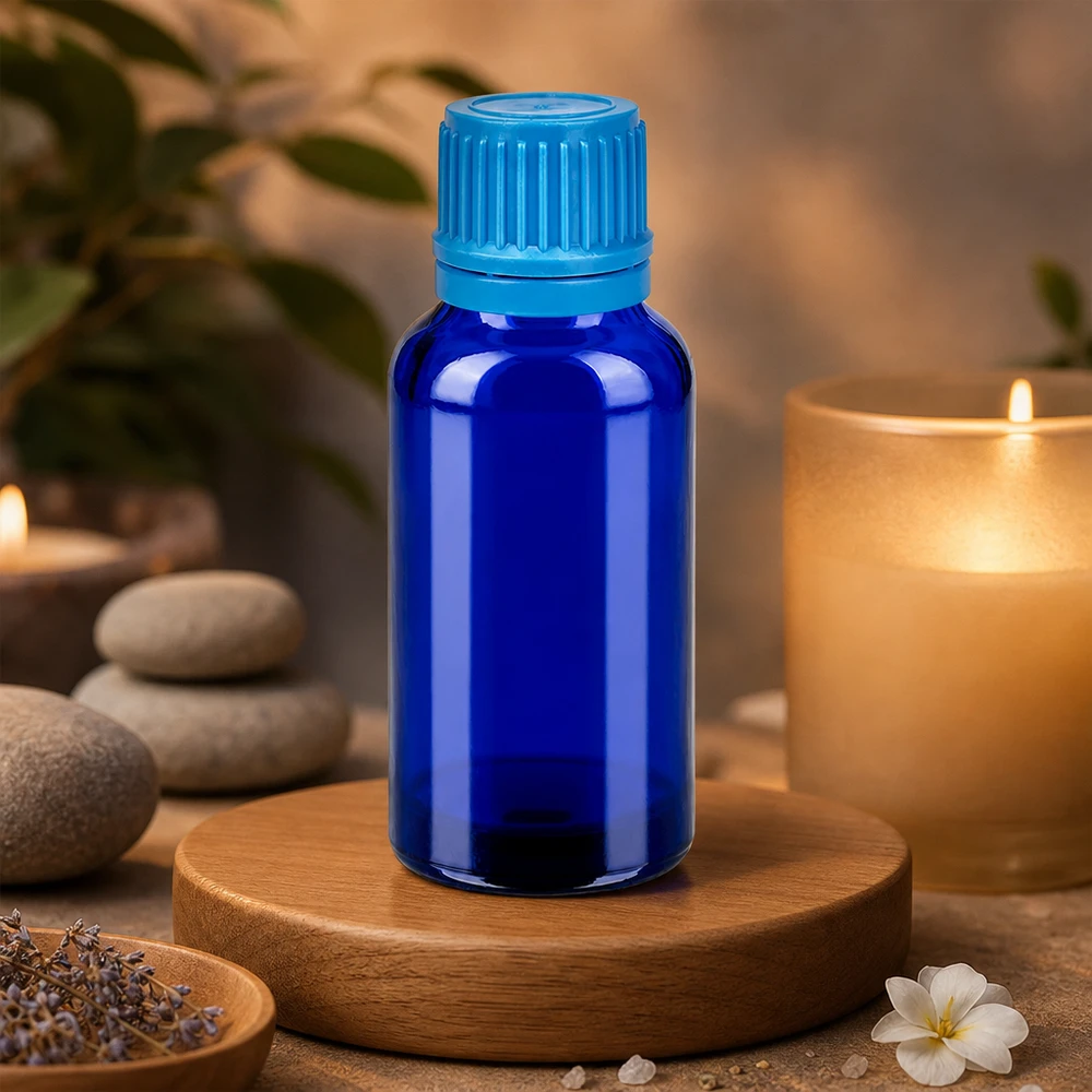 Stilvolle blaue 30ml Flasche mit kindersicherem Verschluss für den Hausgebrauch