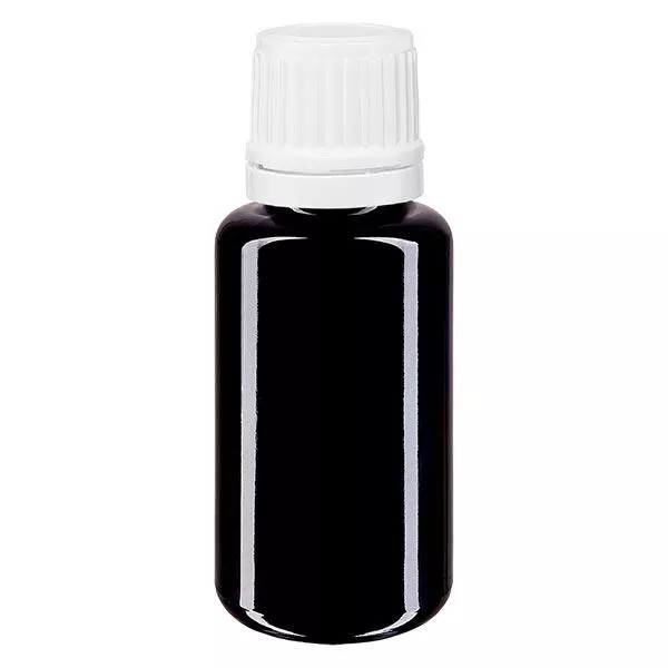 Lékárenská lahvička fialová 20ml kapátko uzávěr bílý 1,2mm tamper evidentní uzávěr.