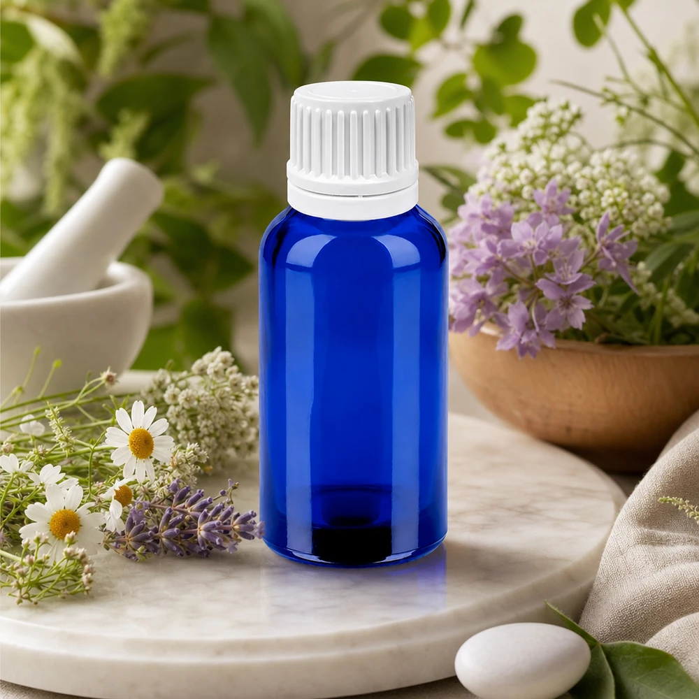 30ml Laborflasche aus blauem Glas mit weißem Sicherheitsverschluss für medizinische und therapeutische Öle
