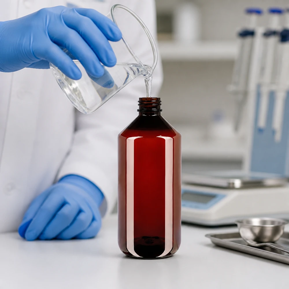 Velkokapacitní PET láhev o objemu 1000 ml v provedení imitujícím hnědé sklo s dětskou pojistkou a uzávěrem zaručujícím neporušenost balení