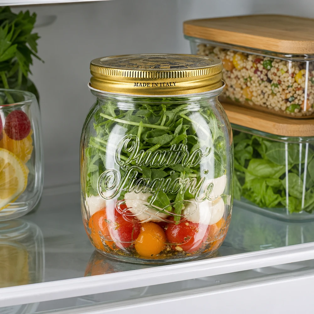 700ml kulatá sklenice "Quattro Stagioni" s víčkem Quattro Stagioni 700ml Einmachglas mit Salat gefüllt im Kühlschrank italienisches Glas für Meal Prep und frische Zutaten