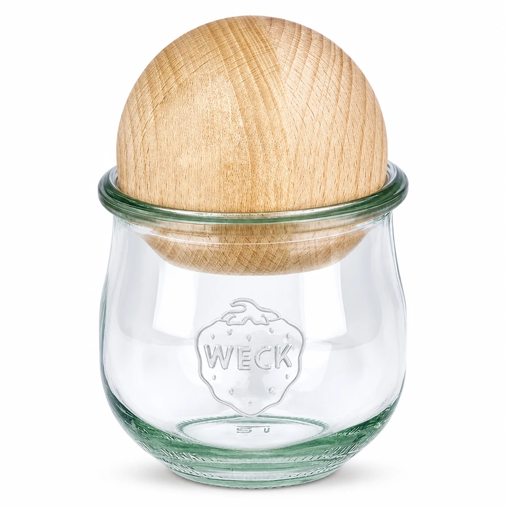 Tulipánová sklenice WECK RR80 o objemu 370 ml s dřevěnou kuličkou buk. WECK Tulpenglas RR80 370ml mit Bucheholzkugel-Deckel, Einmachglas mit Holzdeckel aus Buche, nachhaltige Aufbewahrung
