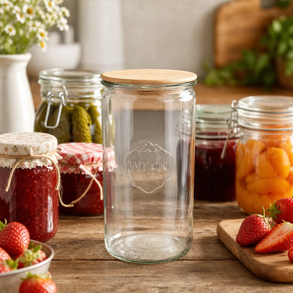 WECK Einmachglas 1590ml RR100 in Küchenszene mit Marmelade Konfitüre und frischen Erdbeeren auf Holztisch
