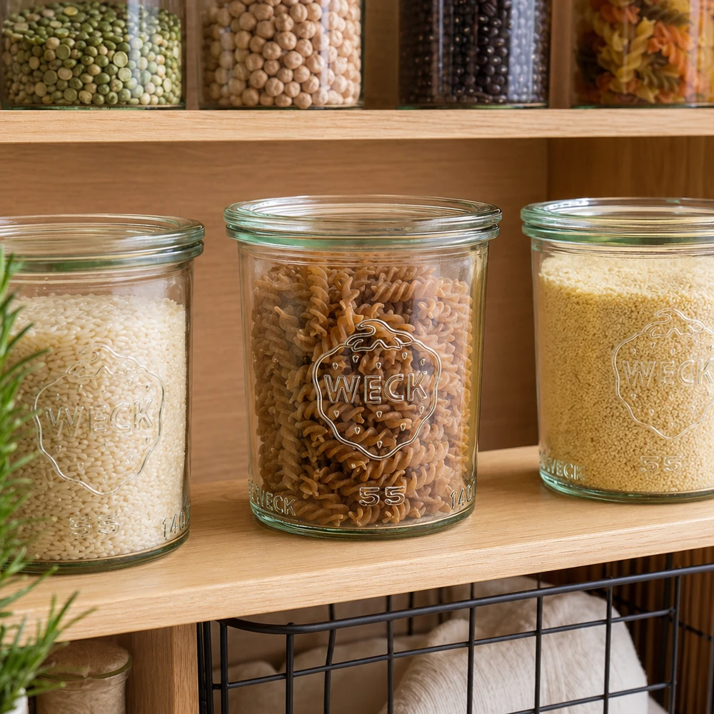 140ml zavařovací sklenice se skleněným víčkem WECK RR60 WECK Gläser 140ml RR60 gefüllt mit Reis Nudeln Couscous in Vorratsregal Pantry Organisation Küchenschrank