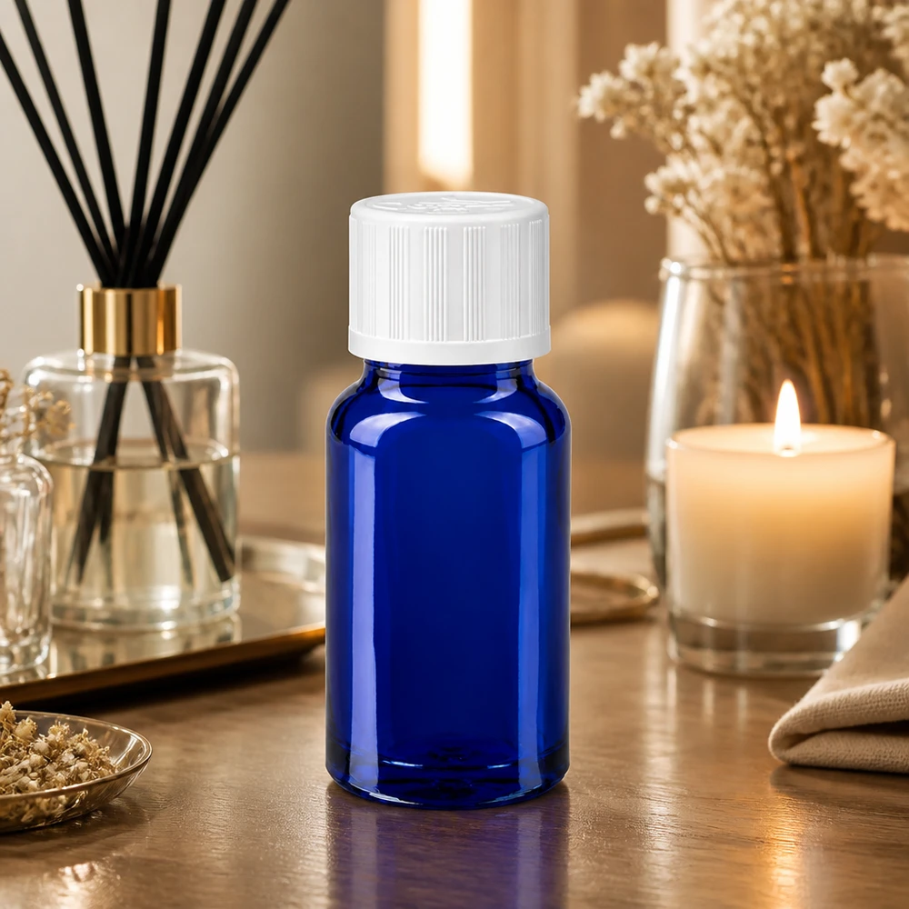 Apothekerflasche blau 10ml mit weißem KiSi-Verschluss ideal zur Aufbewahrung von Aromapflegeölen