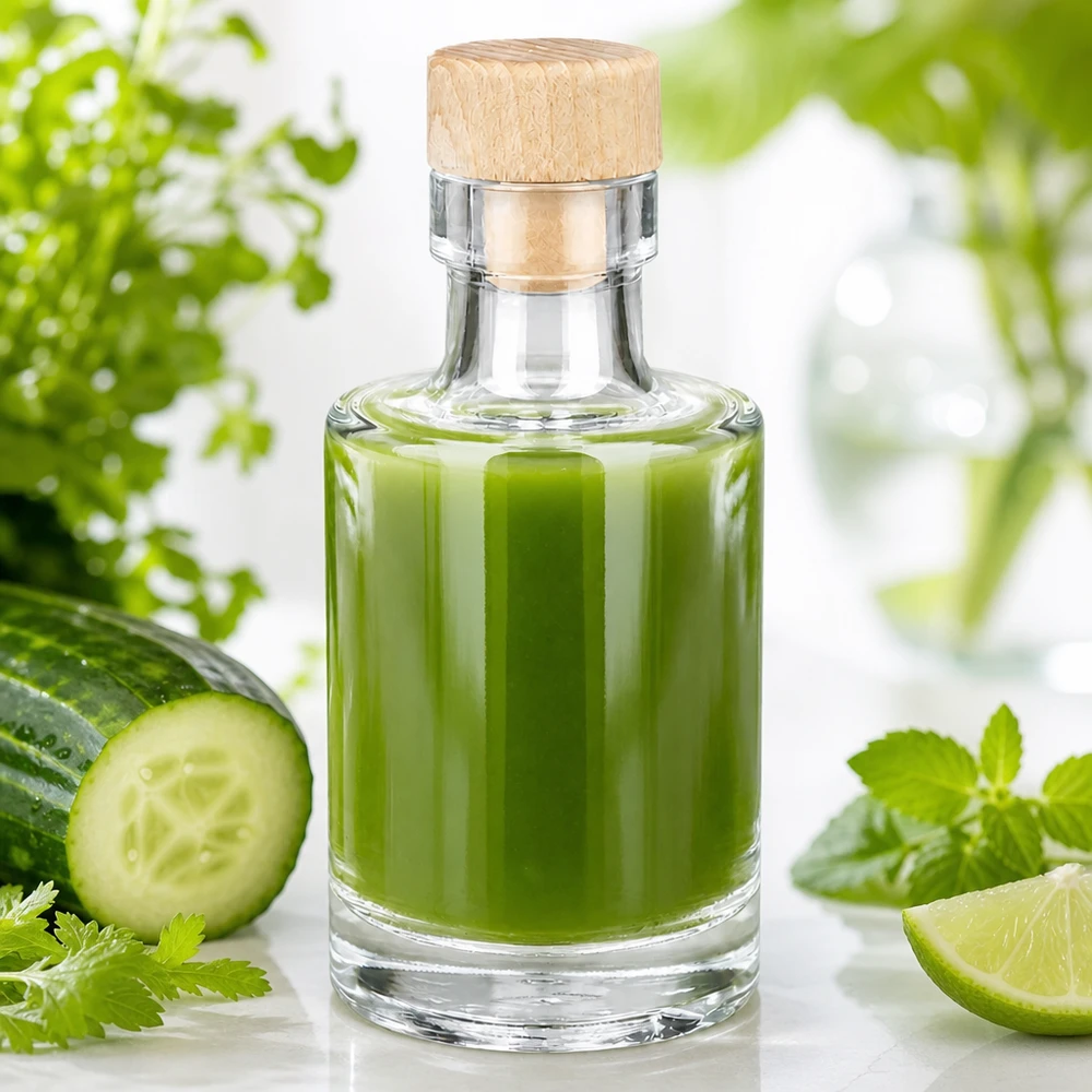 100ml Glasflasche "Marie" mit Holzgriff-Korken UNiTWIST 100ml Glasflasche Marie mit Holzkorken gefüllt mit grünem Smoothie neben Gurke Limette und Kräutern frisches Setup