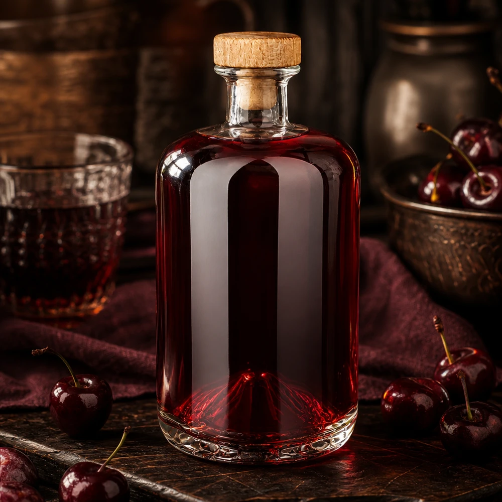700ml Apothekenflasche "Classic" mit Holzgriffkorken UNiTWIST® Elegante 700ml Glasflasche Sofia mit Holzkorken gefüllt mit rotem Kirschlikör auf rustikalem Holztisch mit Kirschen