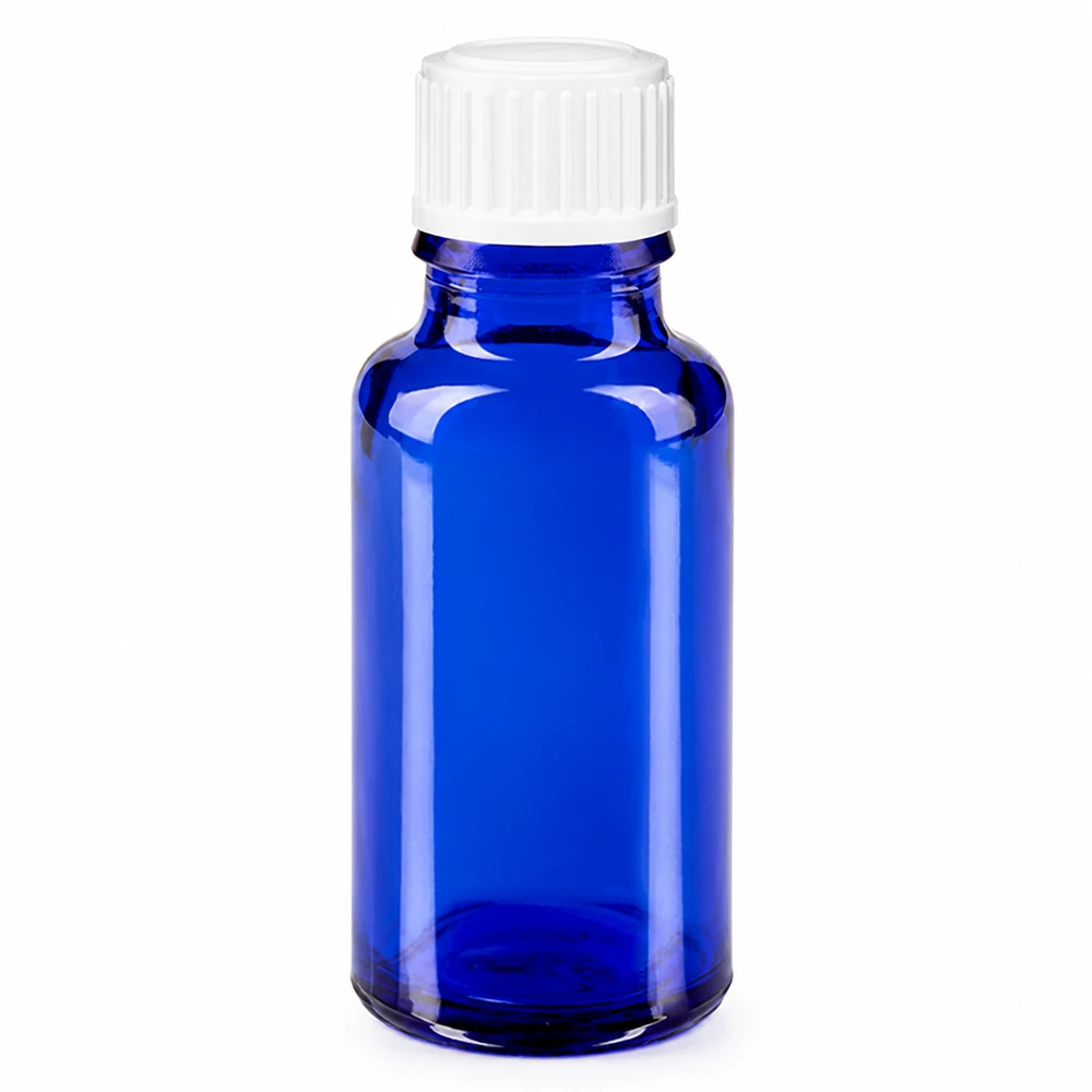 Lékárenská láhev modrá 20ml šroubovací uzávěr bílý standardní UV-Schutz Apothekerflasche blau 20ml Glas für ätherische Öle und Tinkturen