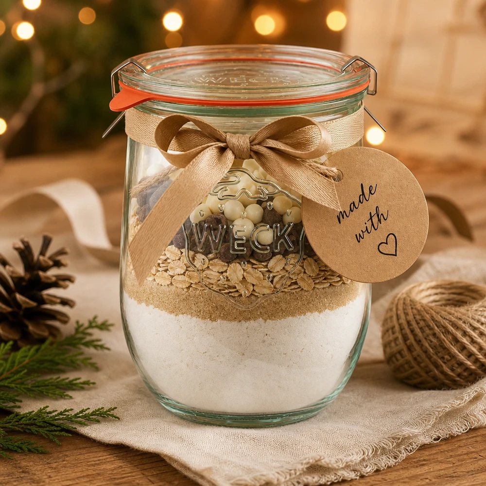 1062ml tulipánová sklenice kompletní WECK RR100 WECK Tulpenglas 1062ml RR100 als DIY Geschenkidee mit Backmischung weihnachtlich dekoriert mit Schleife und Anhänger