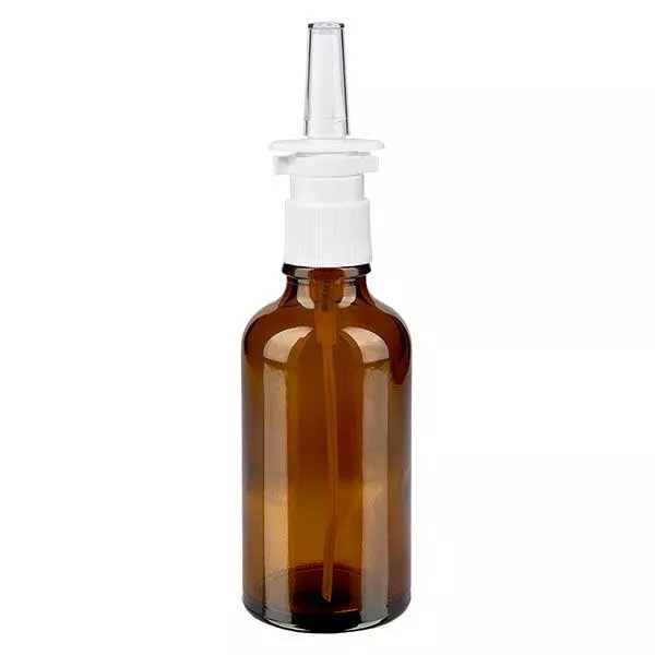 Lékárenská lahvička hnědá 50ml nosní rozprašovač bílá standardní Lékárenská lahvička hnědá 50ml nosní rozprašovač bílá standardní