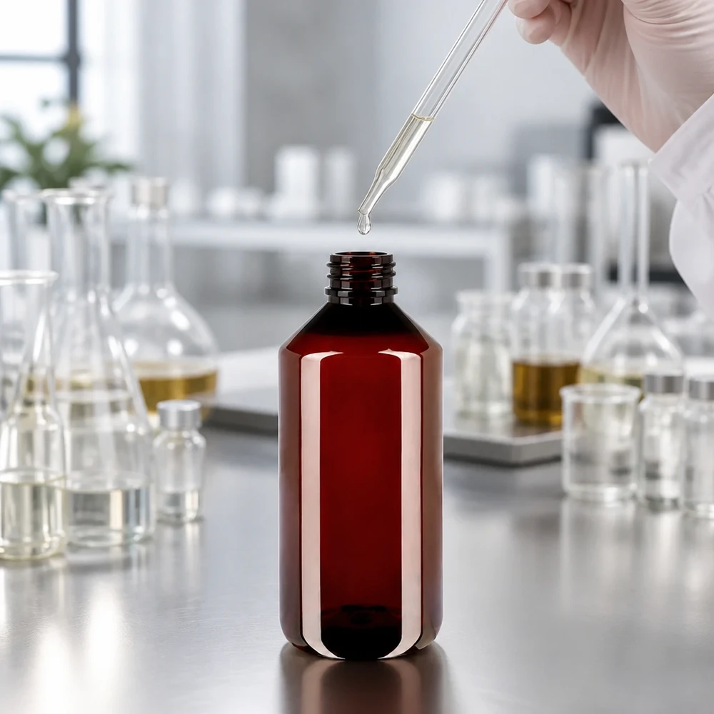 Kapací pipeta plní hnědou PET láhev o objemu 1000 ml s uzávěrem OV v laboratorním prostředí